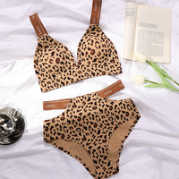Ensemble soutien-gorge et culotte imprimé léopard avec bretelles à lettres, lingerie sexy respirante à décolleté plongeant, soutien-gorge sans armatures à maintien doux