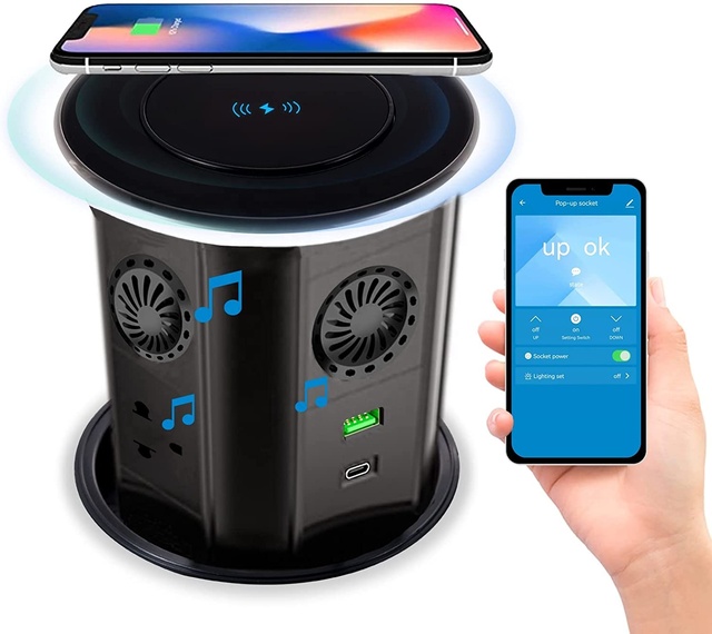 Tuya WIFI Touch Automatic Lifting Kitchen Pop-Up Table Socket Desk IP65 Waterproof Recessed Outlet with Speaker Wireless Charger