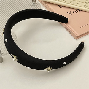 Franse Stijl Effen Kleur Spons Zachte Hoofdband Modieuze Strass Parel Vlinder Haar Hoepel Fancy Hoofdbanden Voor Vrouwen Meisjes - Product Image 6