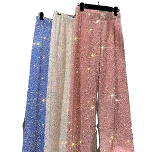 Custom autumn and winter new velvet sequin wide leg pants lengthened draping thin mopping pants shiny casual pants women