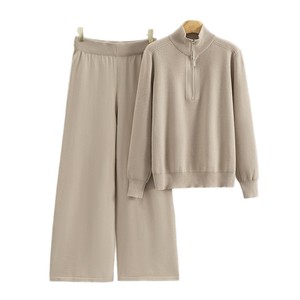 Ensemble pull et pantalon tricoté pour femme, col montant, coupe ample, anti-boulochage, manches longues, pantalon large, idéal pour l'hiver - Product Image 5