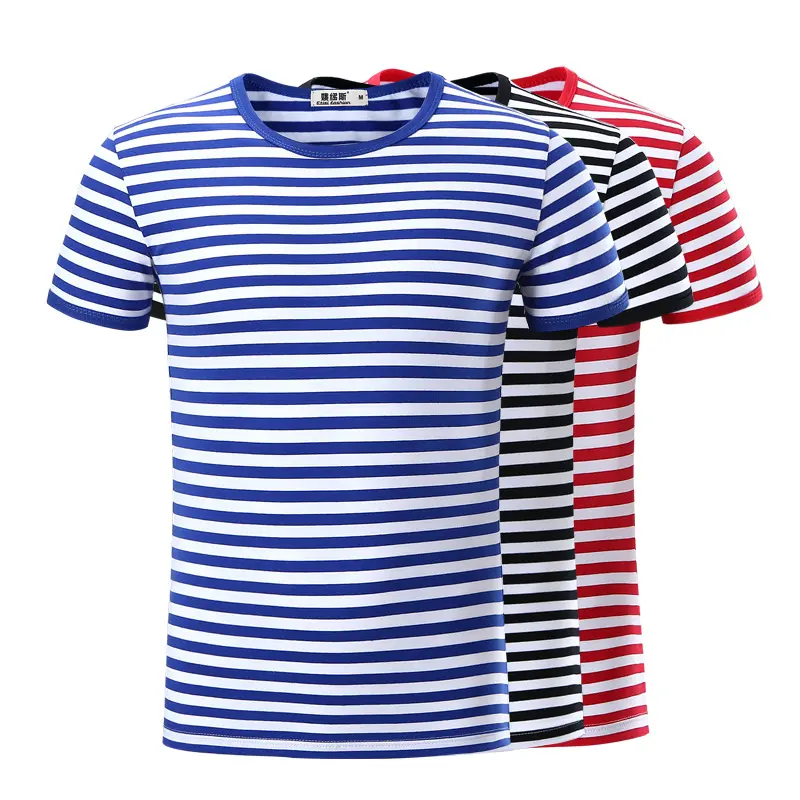 Camiseta de manga corta con logotipo personalizado, camisa de marino a rayas azules y blancas, Camiseta de cuello redondo para pareja de padres e hijos