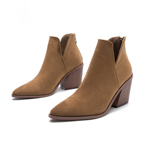 Bottines à bout pointu en daim à talon épais pour femme, style Martin, rehaussant la taille de 5 à 8 cm, avec fermeture éclair arrière, couleur unie, collection automne - Product Image 2