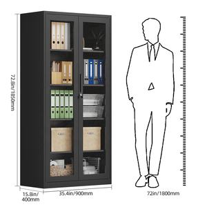 ארון אחסון מתכת ארון קוריו עם דלתות זכוכית, מדפים מתכווננים לסלון, בית ספר, מסחרי, שחור - Product Image 2