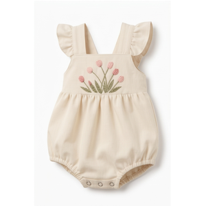 Combinaison en coton pour bébé fille avec broderie florale, manches à pétales, body d'été à fermeture à pression, respirant et mignon - Product Image 1