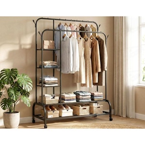 New Metal Double Pole Clothes Rack Floor Standing Hanging Laundry Multifunctional Movable Clothes Rack With Hooks - Product Image 4