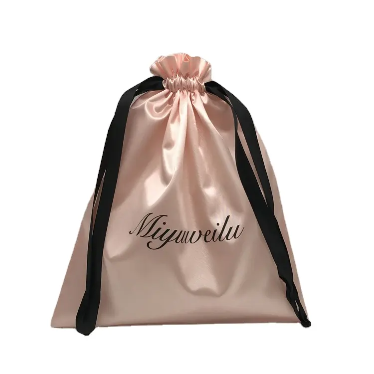 Custom Logo Small Satin Dust Pouch Gift Packaging Hair Wig Large Silk Bag Satin Drawstring Textile Packaging With Logo