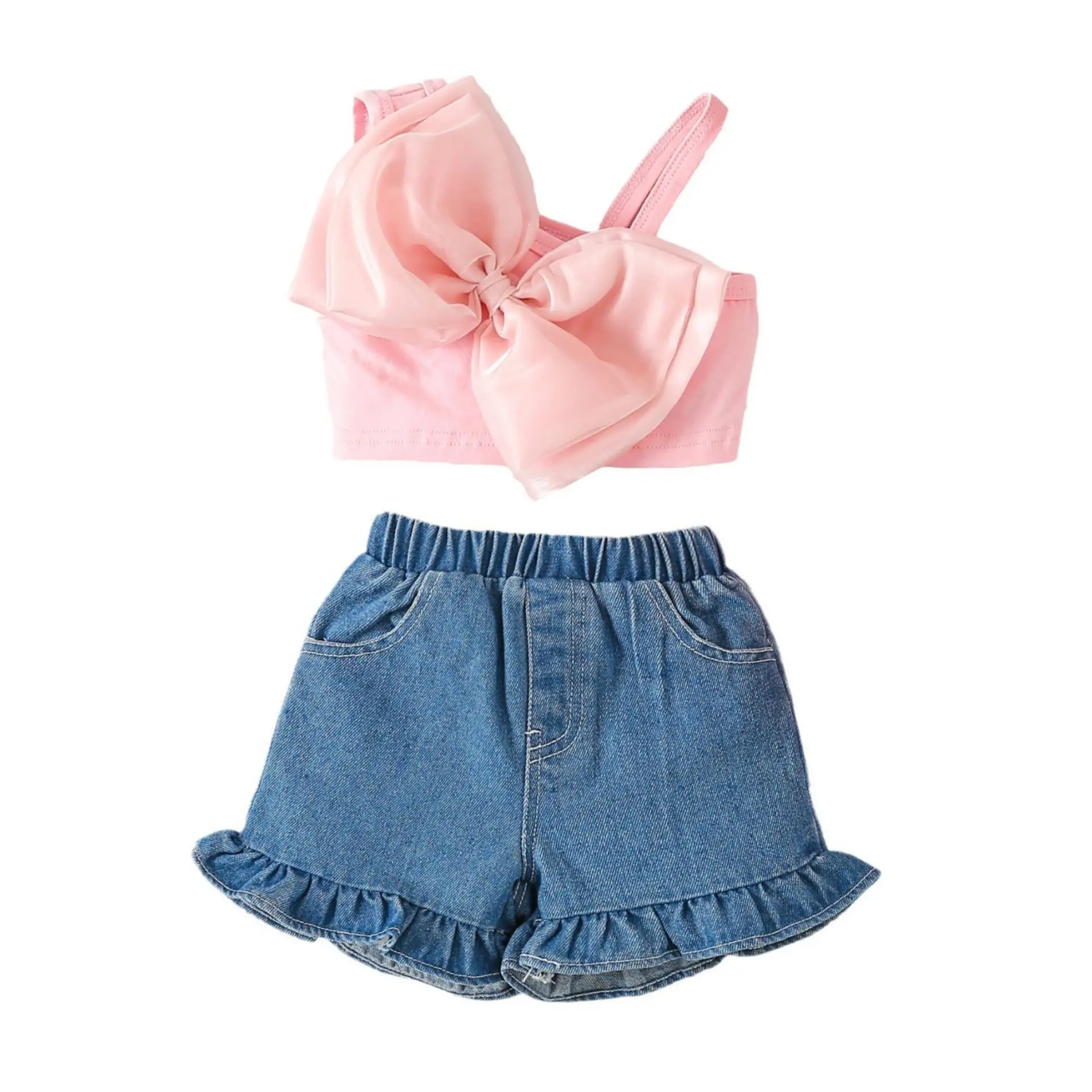 Nouvelle mode 2 pièces filles vêtements ensemble court sans manches volants arc chemise haut + jeans shorts tenues pour filles