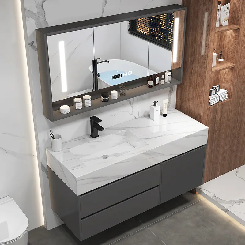 Set di vanità del bagno dell'armadietto della doccia galleggiante fissato al muro moderno con l'armadietto astuto dello specchio
