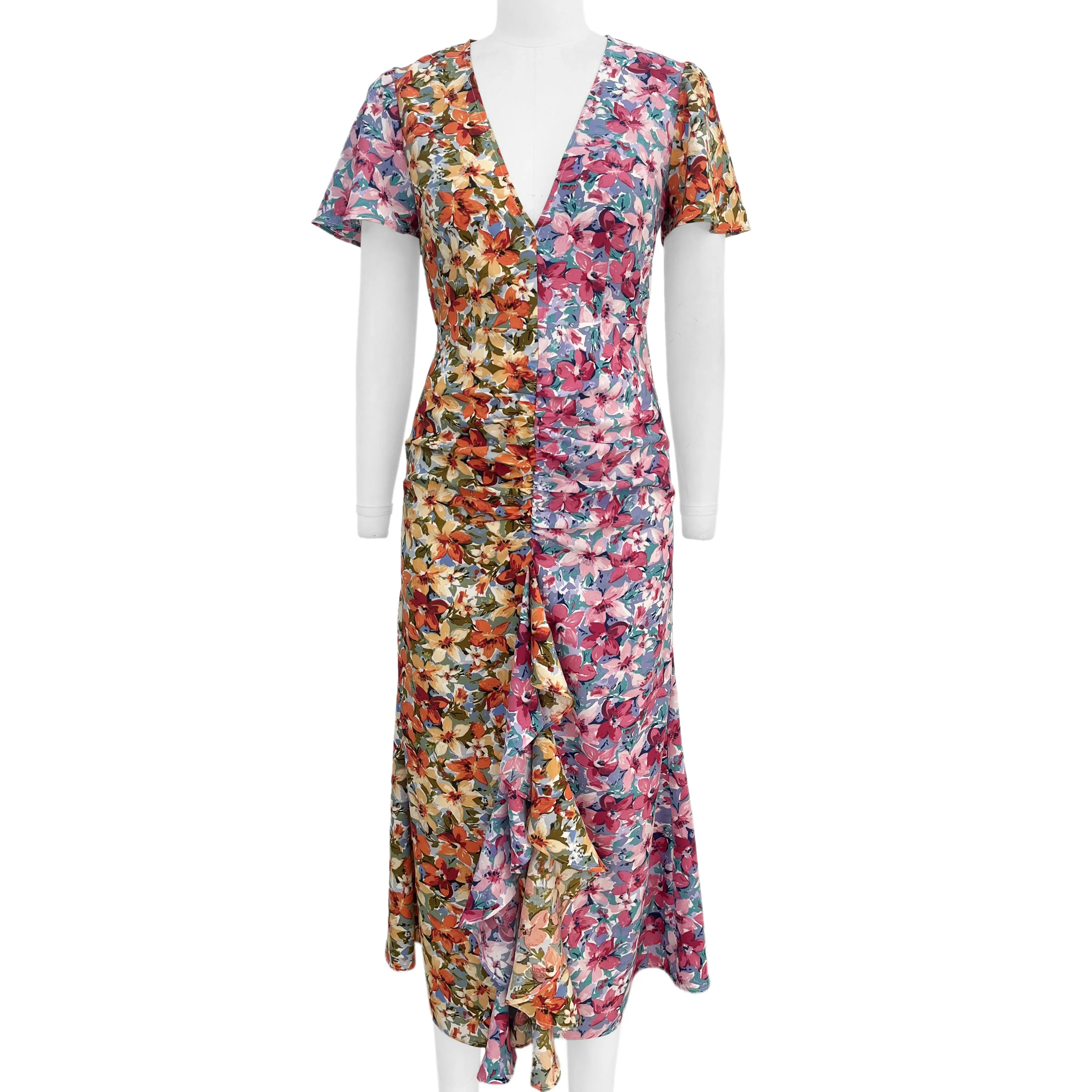 YUNNES doğrulanmış üretici yaz kadın giysileri kısa kollu kontrast çiçek kadın Midi elbiseler