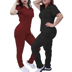 Solid Floral <strong>Purple</strong> Stretch Medical <strong>Scrubs</strong> Sets Nurse Hospital Uniforms Sets With Cotton 3x Scissor Pockets Stacked Jogger Pants - Product Image 2