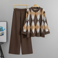 Ensemble de chandail en tricot pour femmes avec motif Argyle, coupe ample, pantalon à jambes larges, tenue en deux pièces, mode automne-hiver