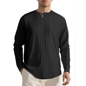 Customized Men's Linen Casual <b>Long</b> <b>Sleeve</b> Pleated Front <b>T</b>-<b>Shirt</b> <b>Button</b> Henley Collared Loose Pullover <b>T</b>-<b>shirt</b> - Product Image 1