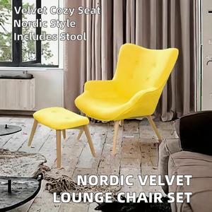 Wholesale Modern Yellow Velvet <b>Accent</b> <b>Chair</b> with Ottoman | Upholstered Lounge <b>Chair</b> <b>and</b> <b>Footstool</b> Indian Supplier - Product Image 2