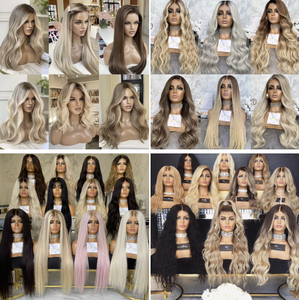 Perruque synthétique longue ondulée de qualité supérieure, résistante à la chaleur, en fibre, ombrée blond platine, avec raie latérale, perruques Lace Front pour femmes - Product Image 6