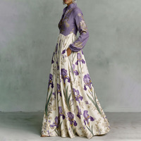 Robes longues décontractées en polyester, coupe trapèze, taille haute, boutonnées, à imprimé floral contrastant, avec poches, froncées, à col montant et à empiècements