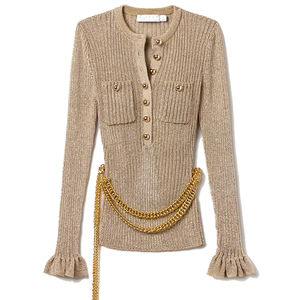 Chaqueta de Punto Delgada Informal de Manga Larga para Mujer de Oficina, Secado Rápido, 220 g, Novedad de Otoño, Elegante Cárdigan con Cuello en V Dorado - Product Image 1