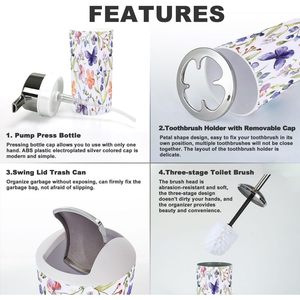 Juego de accesorios de baño florales sin costuras de 6 piezas, flores de acuarela, libélula, decoración del hogar, accesorio de Metal, superficie cepillada - Product Image 5