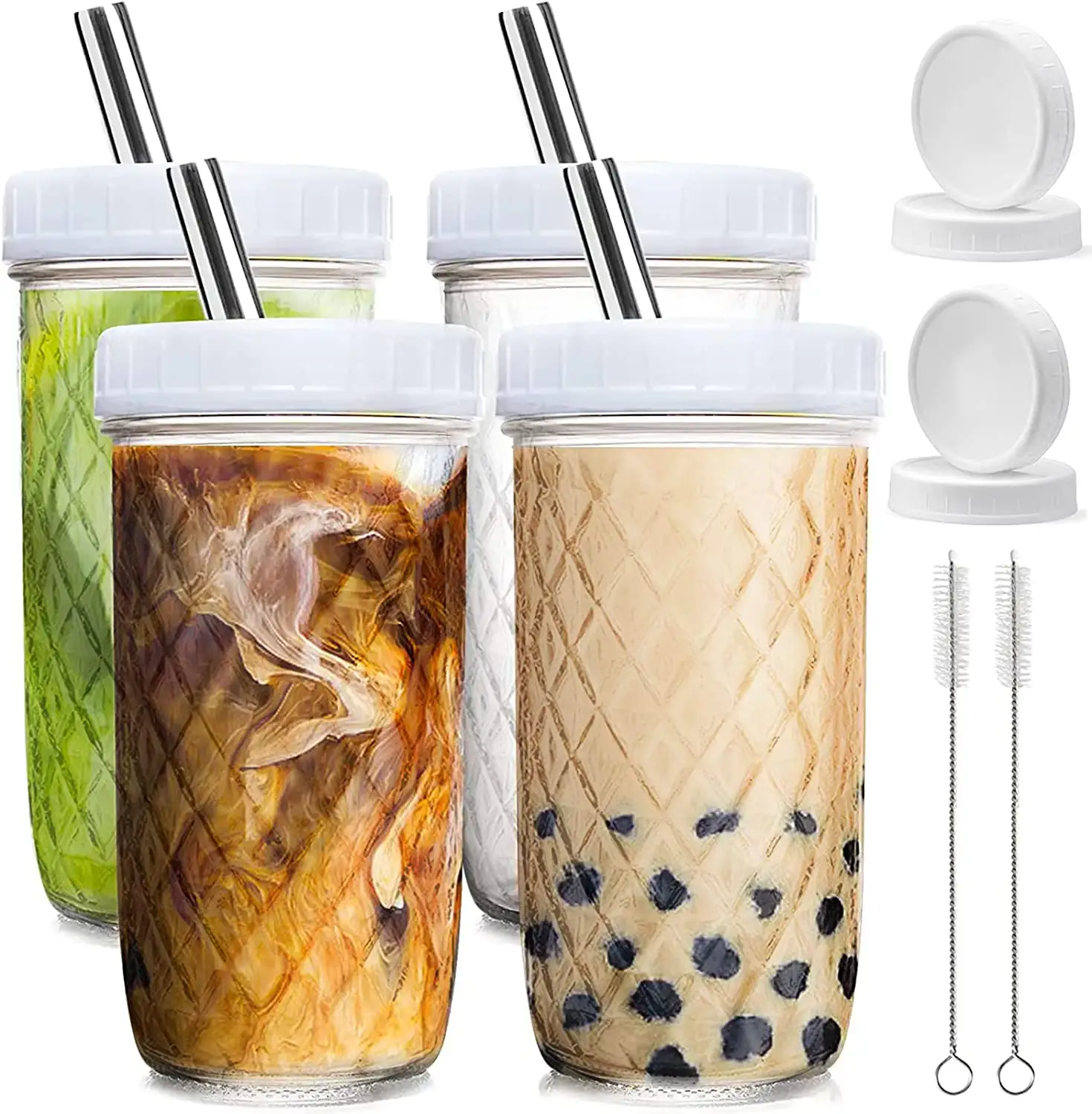 24oz Wide Mouth Smoothie Reusable Boba mason Cup Bubble Tea Cup with Lid and Straw Silicone Sleeve Glass Iced Coffee Cup