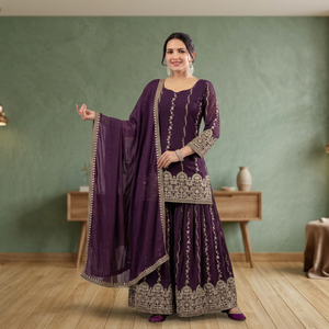 Lanzamiento de un nuevo conjunto de ropa de fiesta de diseñador: top, sharara, plazzo y dupatta. - Product Image 1