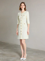 Original Beige Robe O-cou Bouton Avant Conception Formelle Femmes D'affaires Classique Slim Fit Tenues En Gros ODM OEM