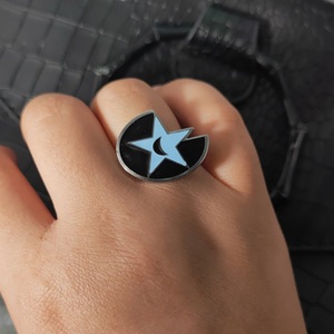 Luna Pentáculo dos tonos negro y azul esmalte Unisex anillo <span class=keywords><strong>de</strong></span> acero inoxidable moda Bijoux - Product Image 6