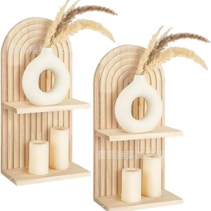 Wooden <b>Wall</b> <b>Mounted</b> <b>Shelf</b> Double Layer Arched Candle Holder Display Rack Geometric Solid Wood Flower Stand Bedroom Living Room - Product Image 5