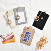 Porte-cartes d'identité en cuir PU, porte-clés en similicuir grain litchi avec fenêtre transparente et fermoir mousqueton