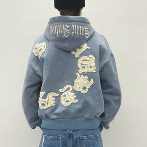 Custom Chenille Embroidered <strong>Patches</strong> Graphic Logo No String Heavyweight Distressed Vintage Acid Washed Zip up <strong>Hoodie</strong> Streetwear - Product Image 2