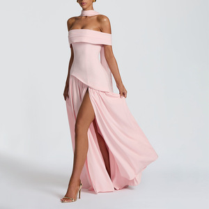 Vestido de noche rosa con hombros descubiertos, plisado asimétrico, largo, con cintura imperio, para eventos formales - Product Image 3