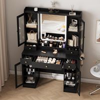 Bureau de courtoisie noir avec miroir et lumières, table de courtoisie de maquillage avec miroir éclairé, ensemble de coiffeuse avec station de charge