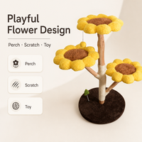 Arbre à chat en bois massif avec griffoir en sisal, trois plateformes tournesol, coussins en peluche, design minimaliste en carton, 107 cm, pour chats