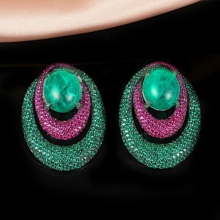 Luxury setting cubic zirconia earrings jewelry women double circle big emerald green stone earrings