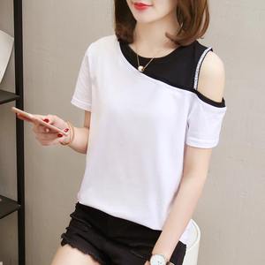 Vêtements pour femmes Mode d'été Casual Patchwork All-match Color Blocking O-neck Female Off Shoulder Appear Thin Short Sleeve Tops - Product Image 2
