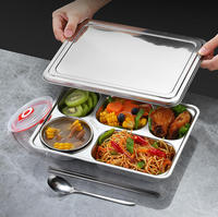 Nouveau plateau alimentaire rectangulaire en acier inoxydable 304, plateau à déjeuner à 5 compartiments, adapté aux restaurants en libre-service, aux cantines, aux écoles
