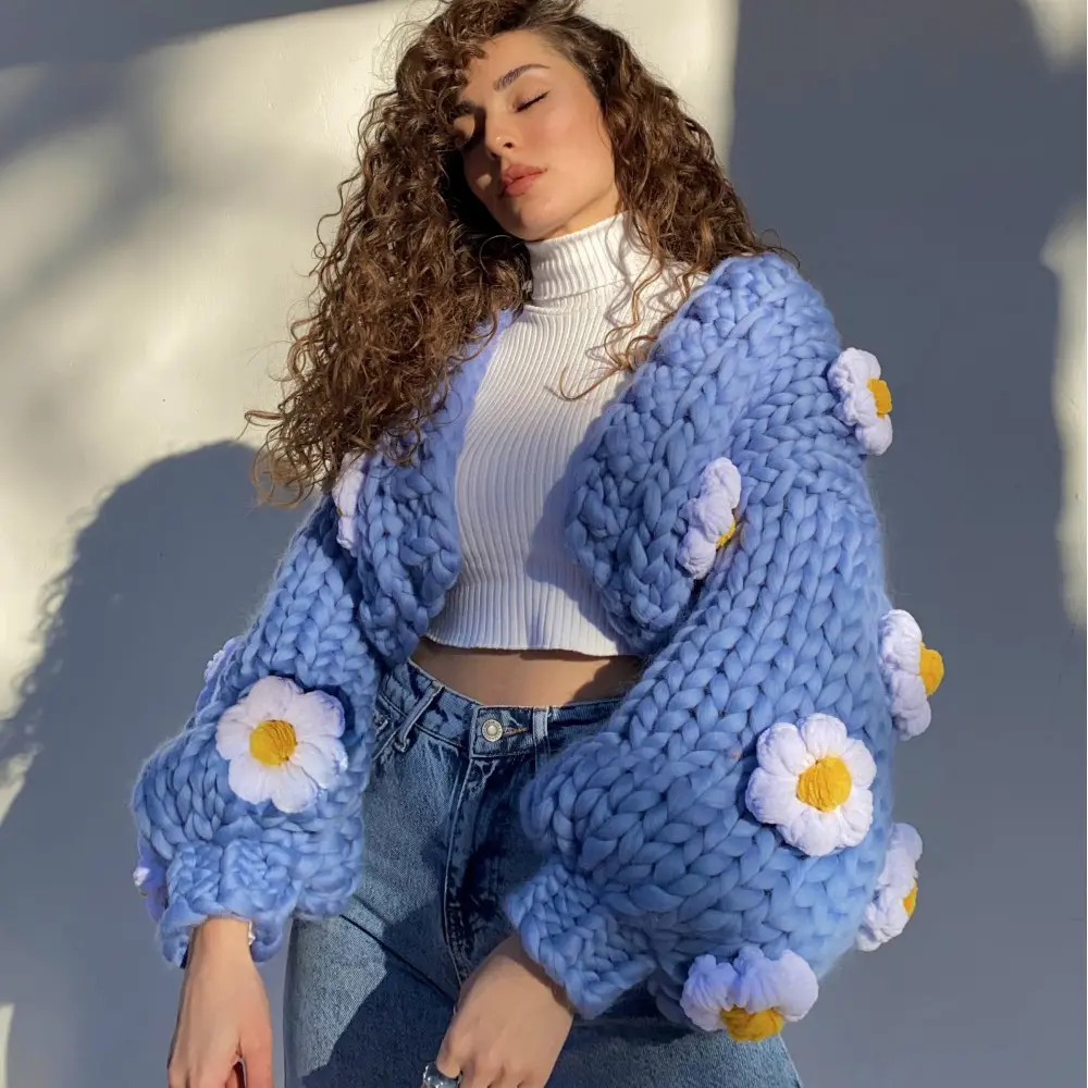 Cárdigan de punto grueso hecho a mano para mujer, suéter de talla grande de flores, crochet