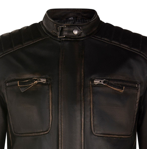 <b>Men's</b> Genuine <b>Leather</b> Moto <b>Jacket</b> Stand Collar Zipper Closure Solid Color Regular Fit Autumn Wear For Sale - Product Image 6