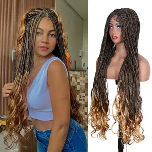 AliLeader Synthetic Hair Box Braid Wigs With French Curls Ends Square Knotless Full Double Lace Front Braided Wig With Baby Hair