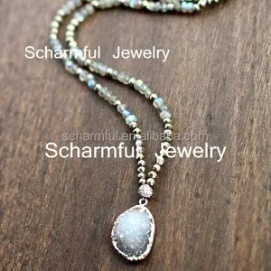 NS201811080 Manik-manik Batu Permata Labradorite Segi Warna Pirit Panjang Kalung Liontin Druzy Drusy