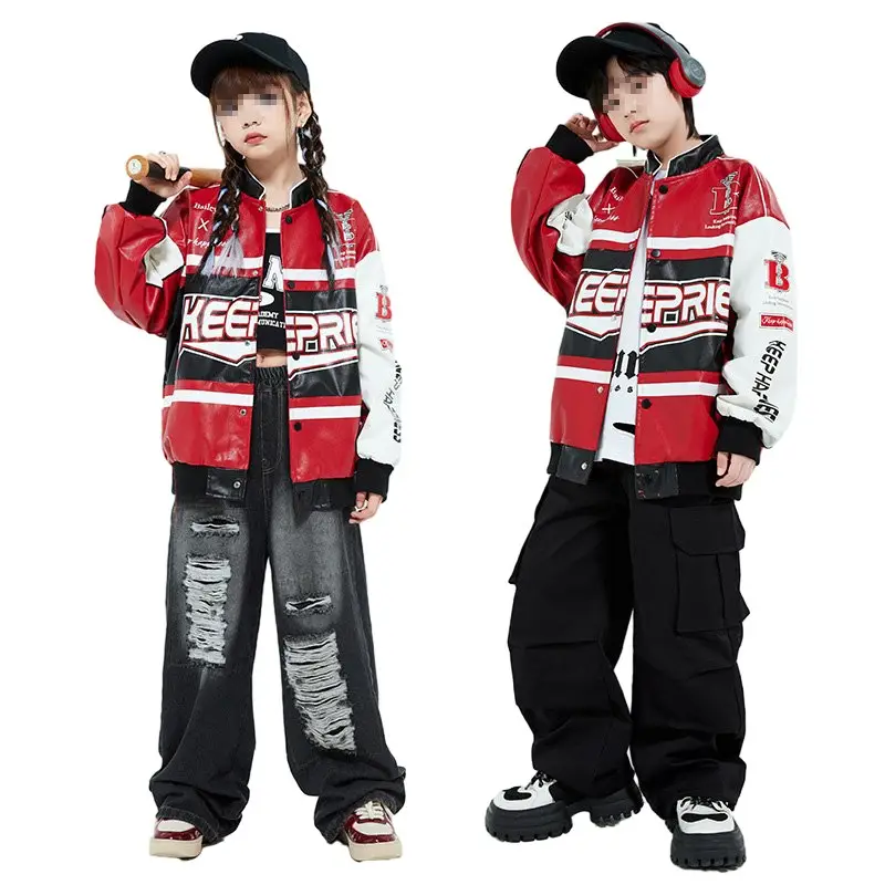 Street dance children's trend hip hop motorcycle suit leather jacket boys set Teenage Kids Boys 2-Piece Clothing Sets