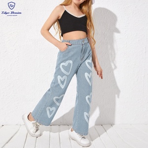 Women's Heart Print Baggy Jeans - High Waist Wide Leg Boyfriend Fit, Loose Denim Pants (Polyester/Cotton Blend)