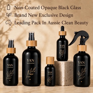 YAN Packaging – Flacon de luxe rond en <span class=keywords><strong>verre</strong></span> violet/noir avec bouchon disque/pipette/pulvérisateur/pompe/trigger, capuchon en bambou pour lotion visage - Product Image 1