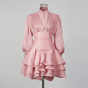 Vestido Mini de <span class=keywords><strong>Mujer</strong></span> con Cuello Alto y Cintura Fruncida, Vestido Brillante con Volantes en el Bajo y Mangas Abullonadas, Vestidos Sehe Fashion - Product Image 3