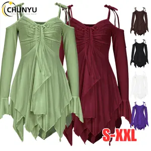 Women's Sexy Solid Irregular Off-The-Shoulder Flared Sleeve Pleated Patchwork Short Mini Dress Ladies Party Clubwear Dress