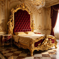 Meubles de chambre à coucher de luxe de style rococo français, style villa palais, bois massif sculpté, tissu rouge avec sculpture dorée, lit king size en bois