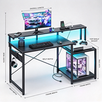 Bureau de jeu en forme de L avec éclairage LED, prises de courant et étagère de rangement, poste de travail informatique réversible en fibre de carbone