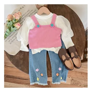 Ms-199 Fashion pakaian anak-anak terbaru grosir blus atasan + Pink rompi + celana Jeans 3 Pcs Set baju musim panas anak perempuan