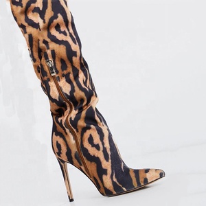 Cheetah Print High Top Large Size 43 Suede Women Over Knee High <b>Boots</b> Side Zip Stiletto Lady Pointed Toe Thigh High Long Booties - Product Image 4