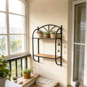 Étagère <span class=keywords><strong>murale</strong></span> double arquée en métal et bois faite à la main pour salle de bain, <span class=keywords><strong>cuisine</strong></span>, salon - Étagères murales décoratives superposées modernes et écologiques - Product Image 3