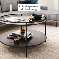 Table d'appoint ronde pour salon, design en métal et panneau de bois, base circulaire, table basse à deux niveaux
